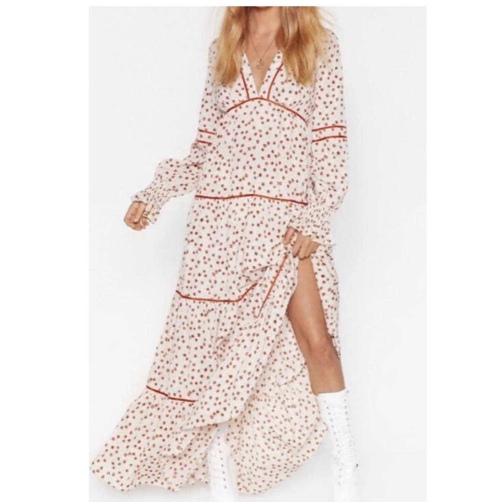 Nasty Gal Cottage Prairie Floral Deep V Tiered Maxi Dress Cream Orange Womens 6